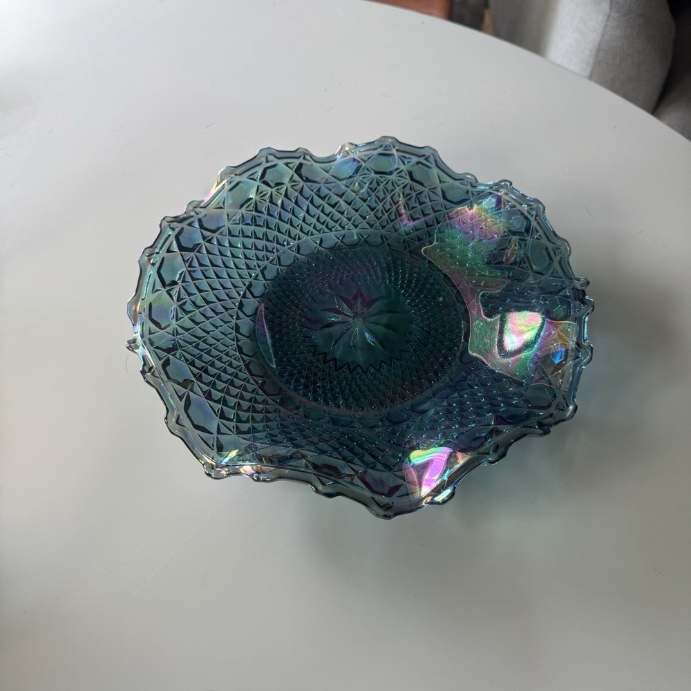 Vintage Indiana Glass Blue Carnival Plate Iridescent Diamond Point Starburst 10"